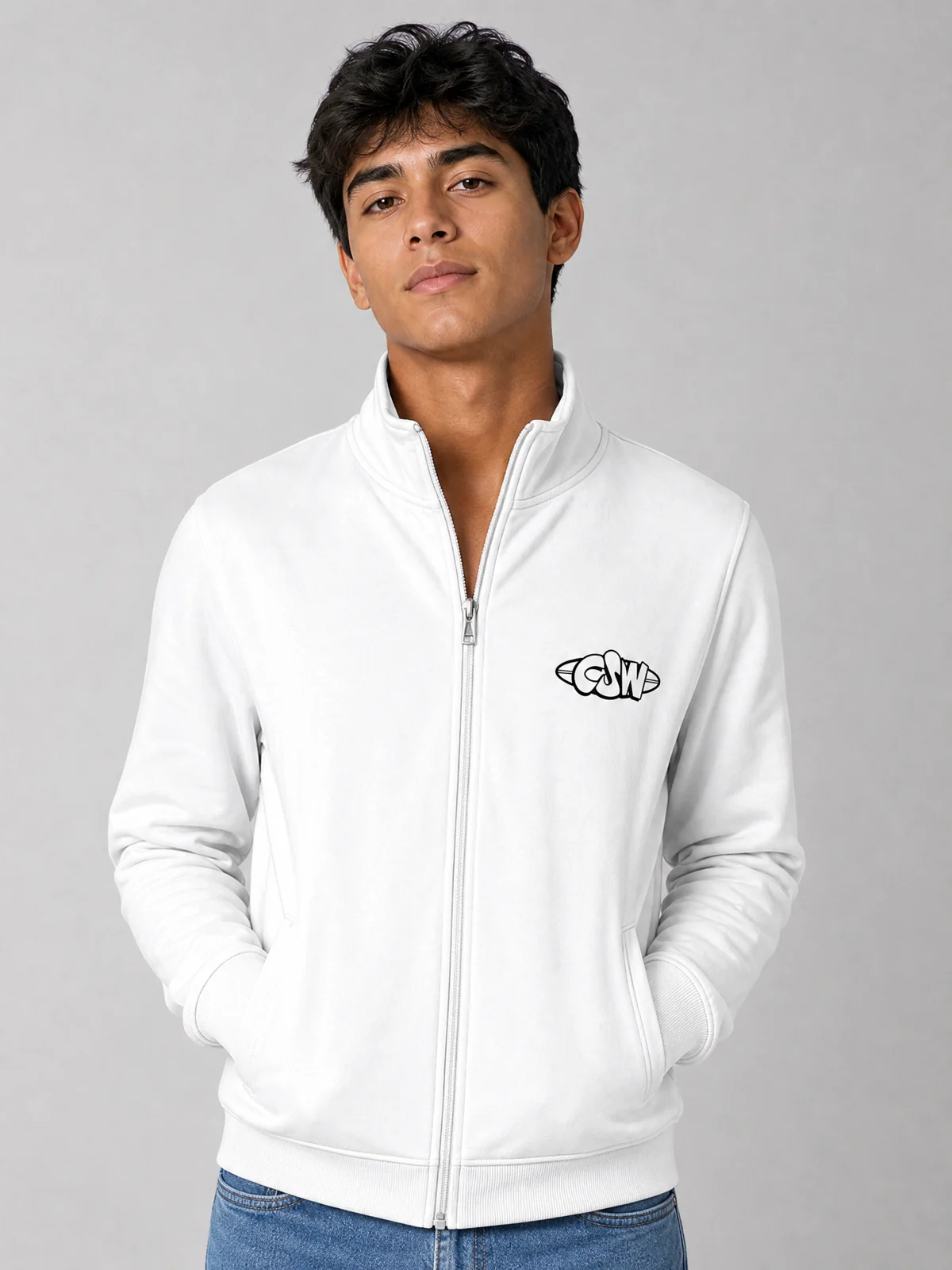 Campera de algodón CSW blanca con cierre, versión varón